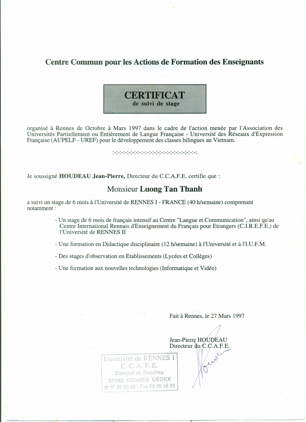Certificate of Mr Thanh
